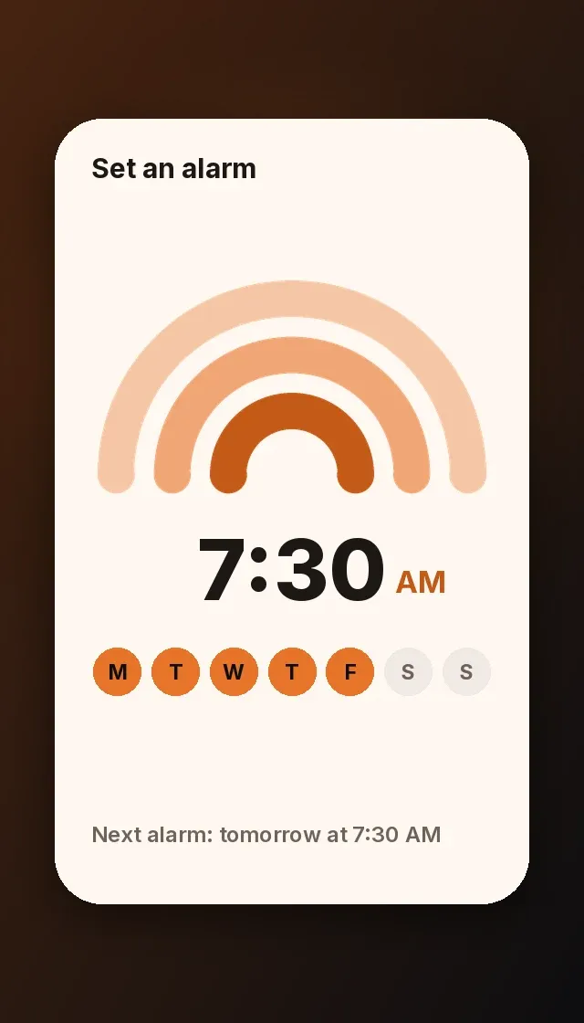 Nocko time dial with concentric arcs and a 7:30 AM alarm time
